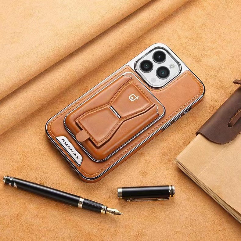 Leather Phone Case with Magnetic Back Card Holder and Stand