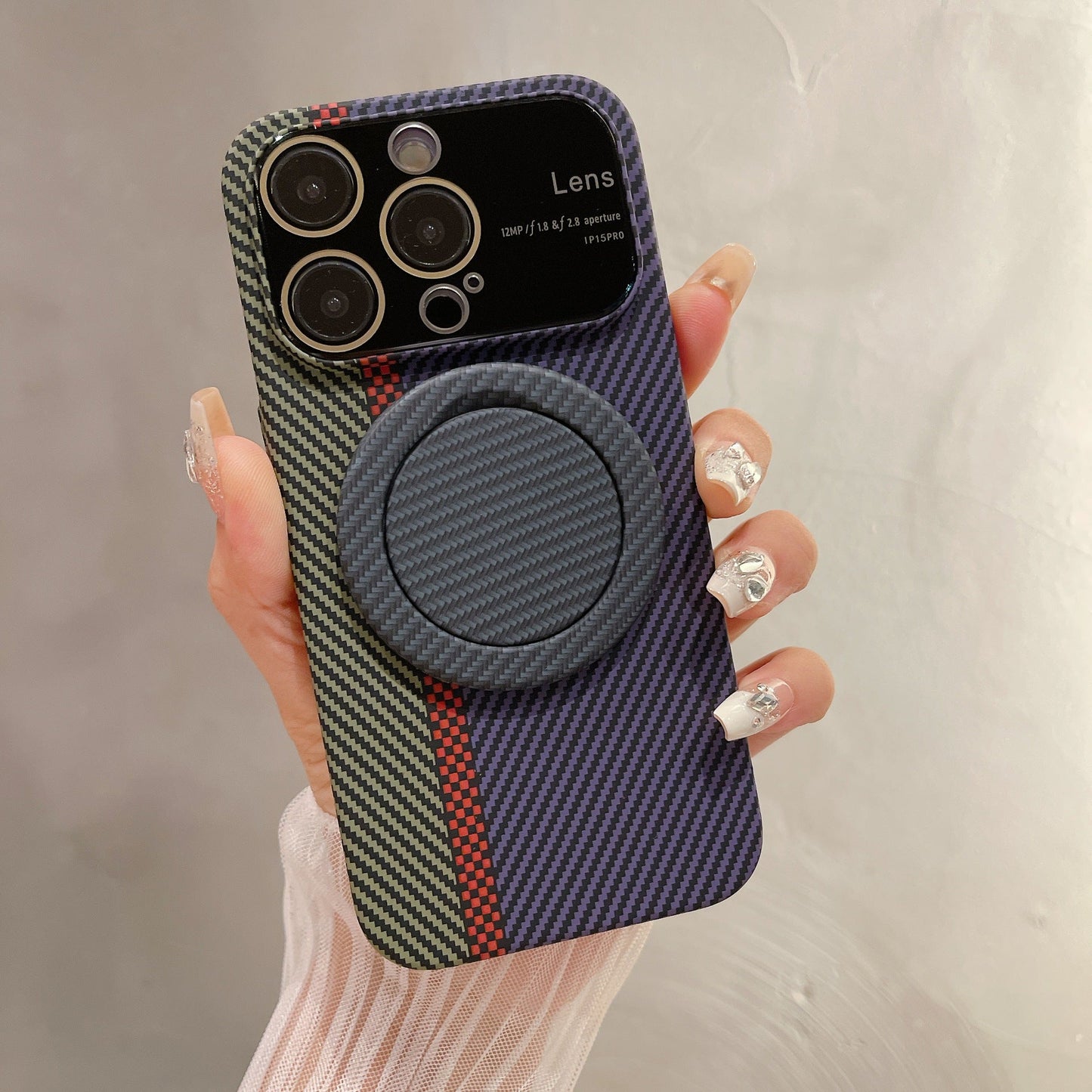 Stylish Carbon Texture Case with Red Accent Stripe & 360° Rotatable Magnetic Ring