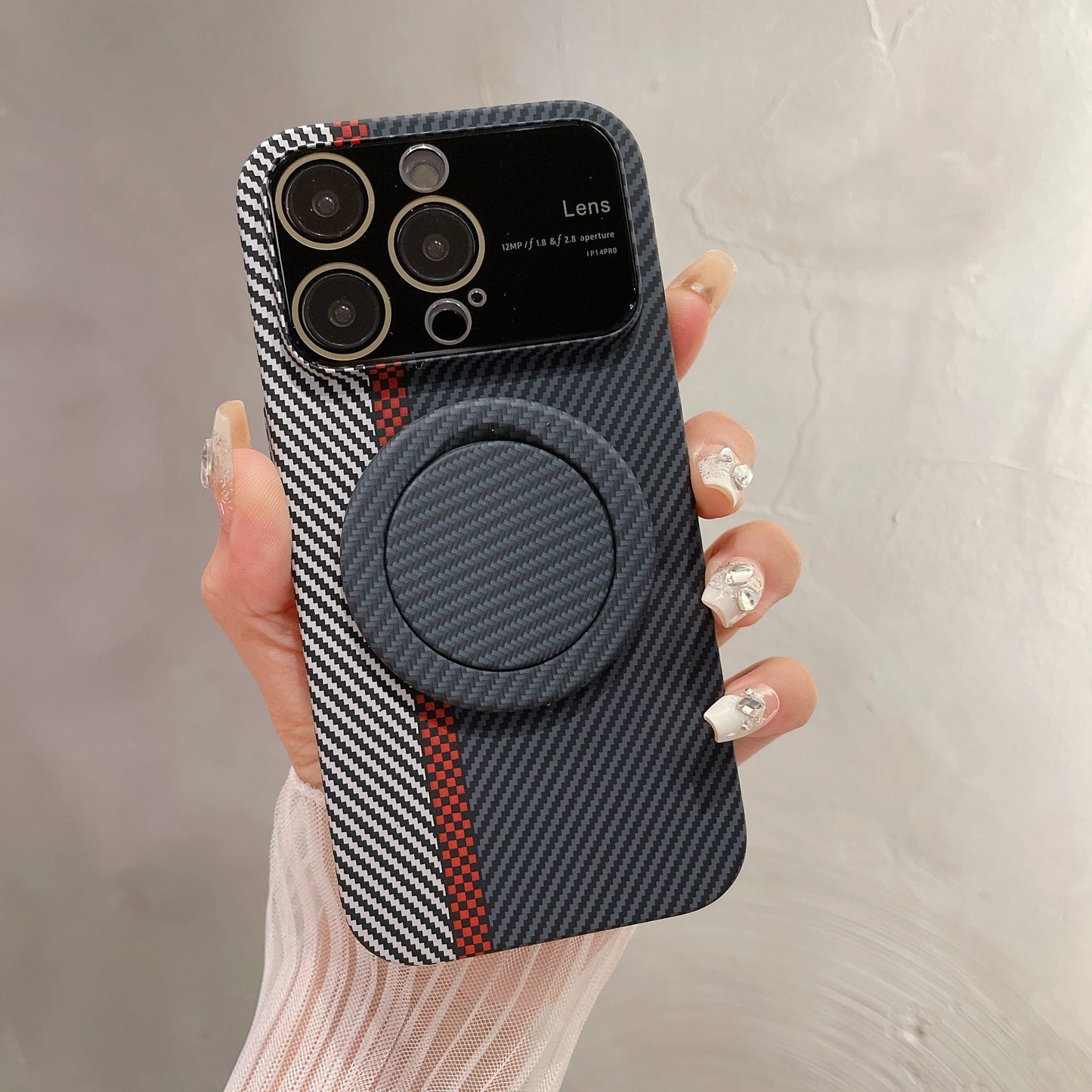 Stylish Carbon Texture Case with Red Accent Stripe & 360° Rotatable Magnetic Ring