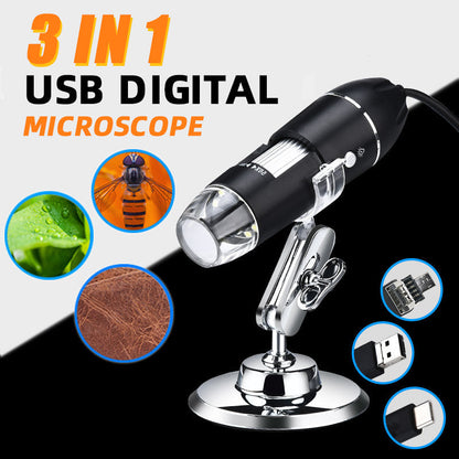 3-in-1 USB Digitalmikroskop mit LED-Beleuchtung und verstellbarem Fokus