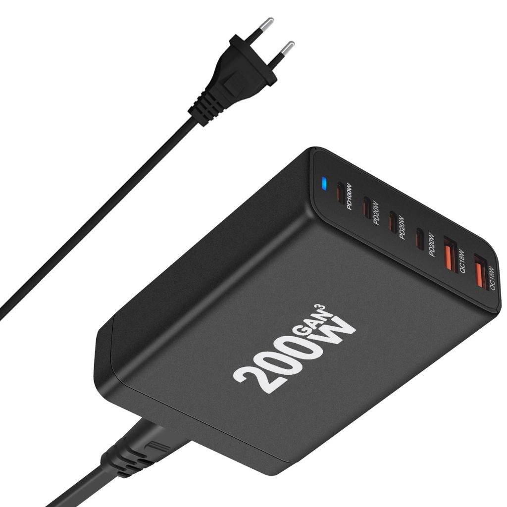 200W GaN 6-Port USB-C Ladegerät – Schnelles Laden für Smartphones und Laptops