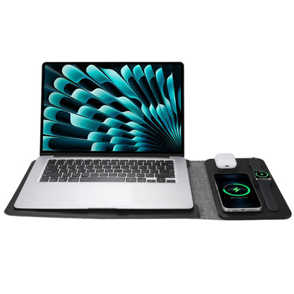 5-in-1 Laptop-Hülle aus veganem Leder mit kabellosem Ladegerät für iPhone, AirPods und Apple Watch – Mauspad & Schnellladung