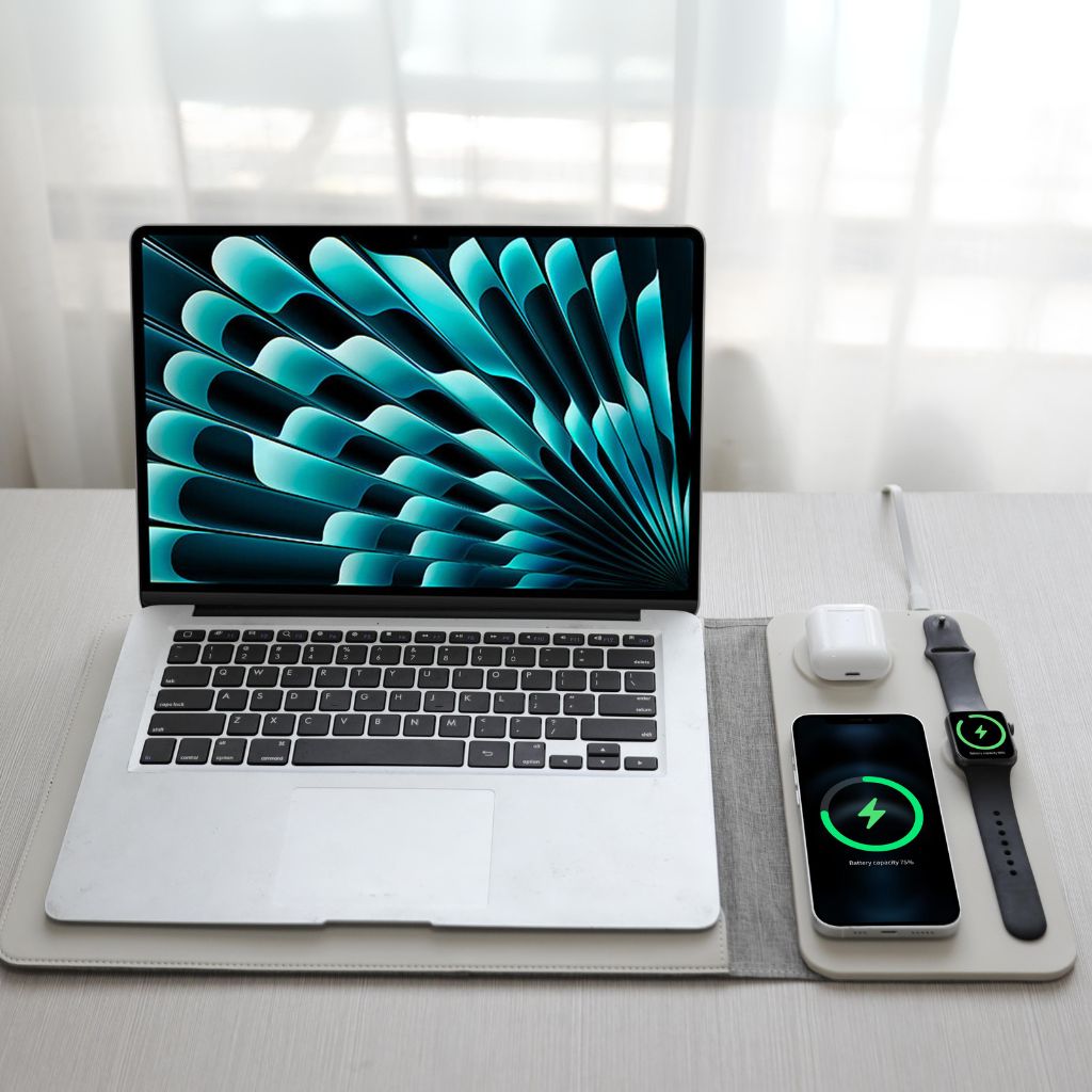 5-in-1 Laptop-Hülle aus veganem Leder mit kabellosem Ladegerät für iPhone, AirPods und Apple Watch – Mauspad & Schnellladung