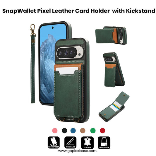 SnapWallet Pixel 9, 8 Leather Card Holder Case with Kickstand & Lanyard