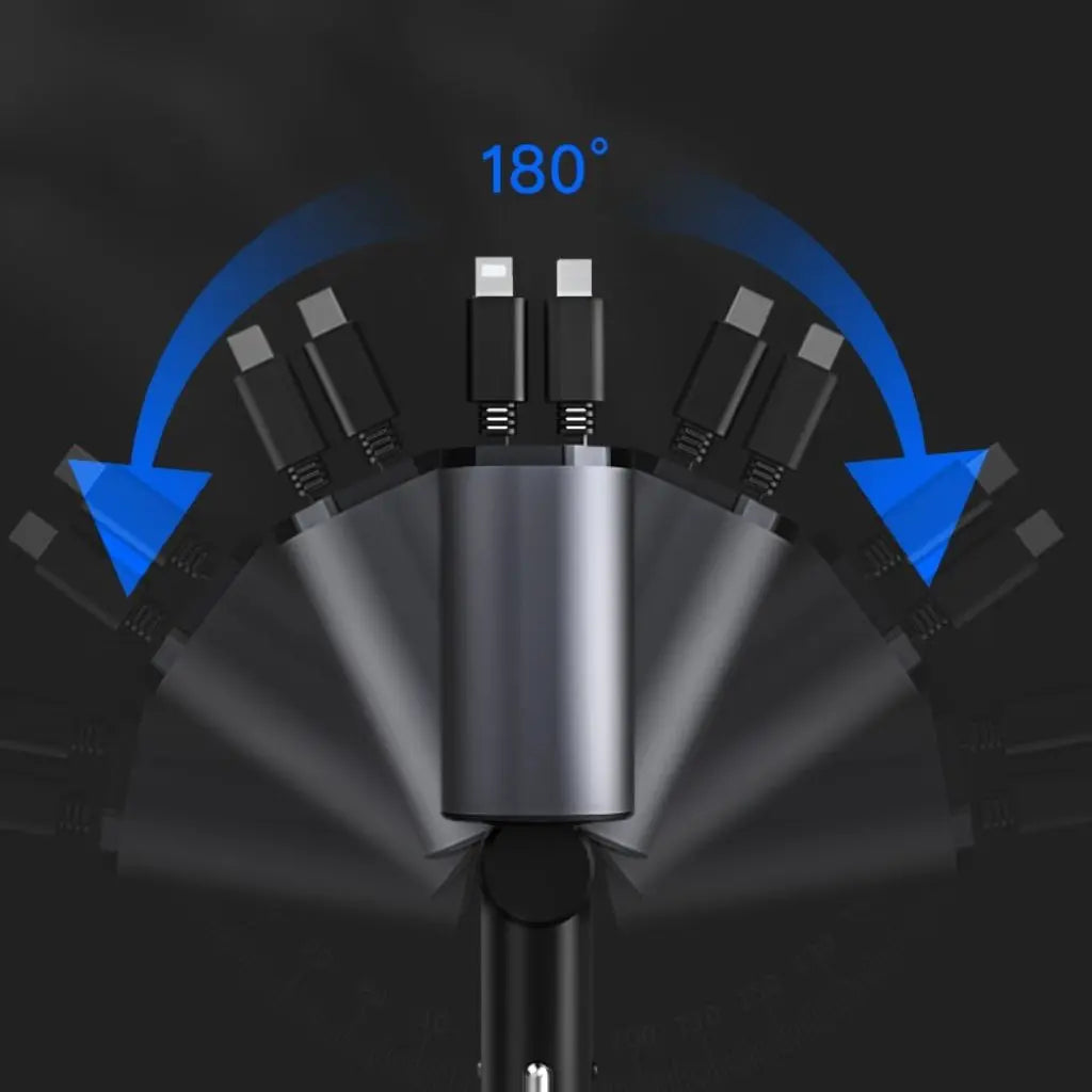 4-in-1 Ausziehbares Schnellladegerät für Auto mit USB Typ-C, Zigarettenanzünder-Adapter und Schnellladeleistung