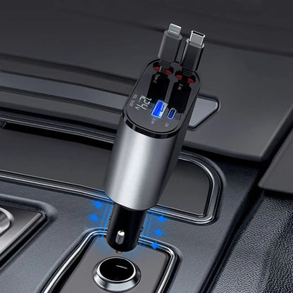 4-in-1 Ausziehbares Schnellladegerät für Auto mit USB Typ-C, Zigarettenanzünder-Adapter und Schnellladeleistung