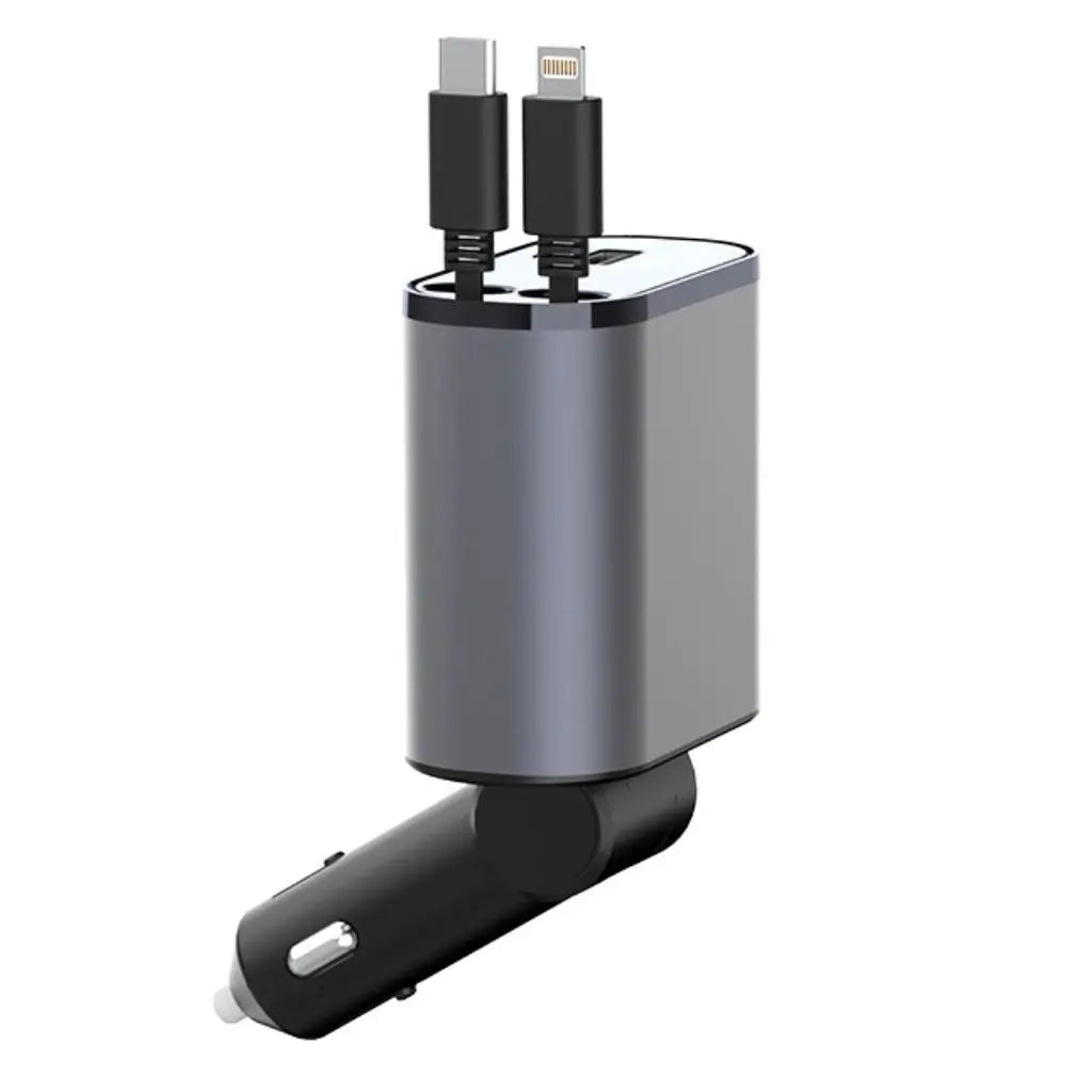 4-in-1 Ausziehbares Schnellladegerät für Auto mit USB Typ-C, Zigarettenanzünder-Adapter und Schnellladeleistung