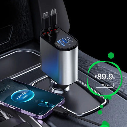 4-in-1 Ausziehbares Schnellladegerät für Auto mit USB Typ-C, Zigarettenanzünder-Adapter und Schnellladeleistung