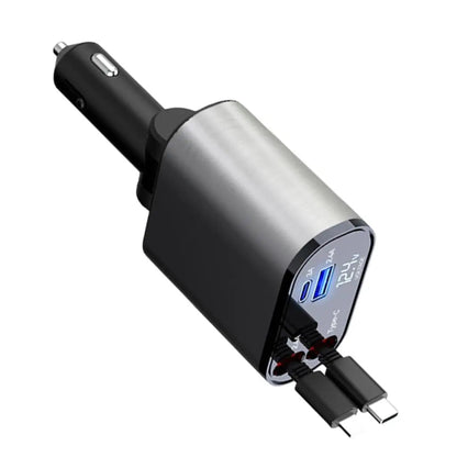 4-in-1 Ausziehbares Schnellladegerät für Auto mit USB Typ-C, Zigarettenanzünder-Adapter und Schnellladeleistung